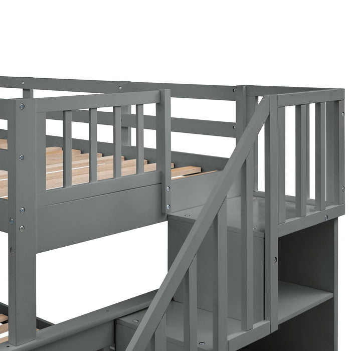 Twin Over Full Bunk Bed withStorage Staircase and Guard Rail - Gray