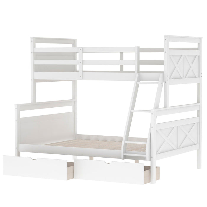 Twin over Full Bunk Bed with Ladder, TwoStorage Drawers and Safety Guardrail - White