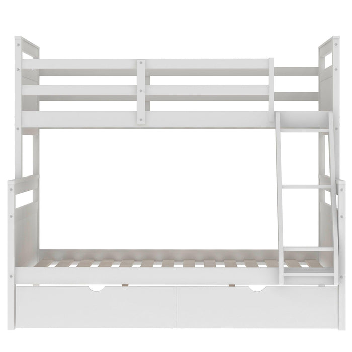 Twin over Full Bunk Bed with Ladder, TwoStorage Drawers and Safety Guardrail - White