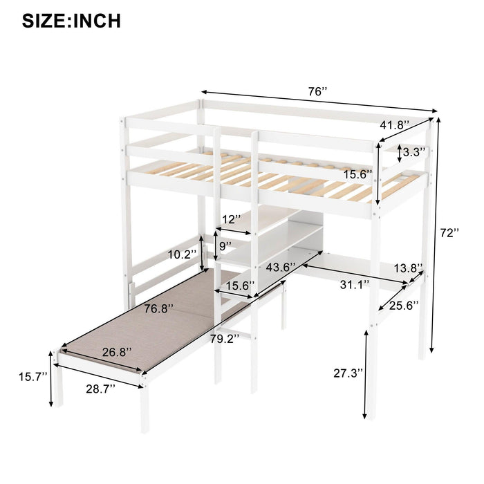 Convertible Loft Bed with L-Shape Desk, Twin Bunk Bed with Shelves and Ladder - White