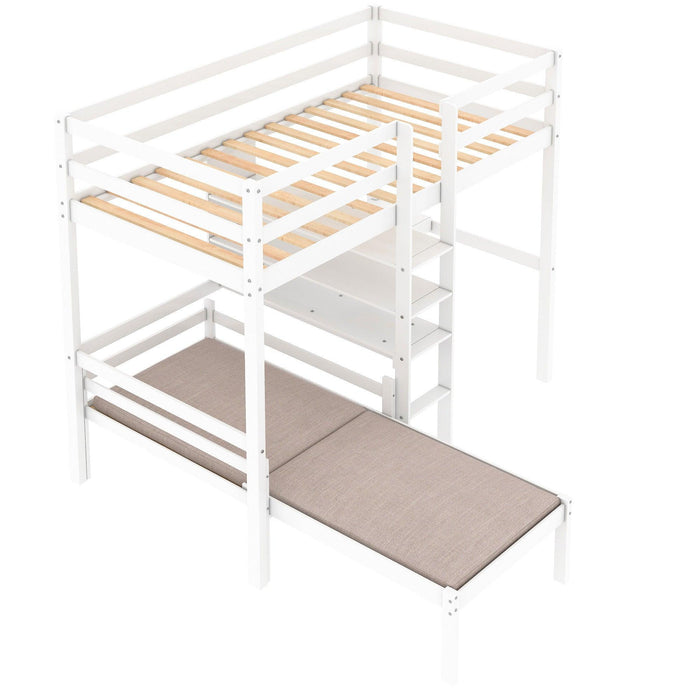 Convertible Loft Bed with L-Shape Desk, Twin Bunk Bed with Shelves and Ladder - White