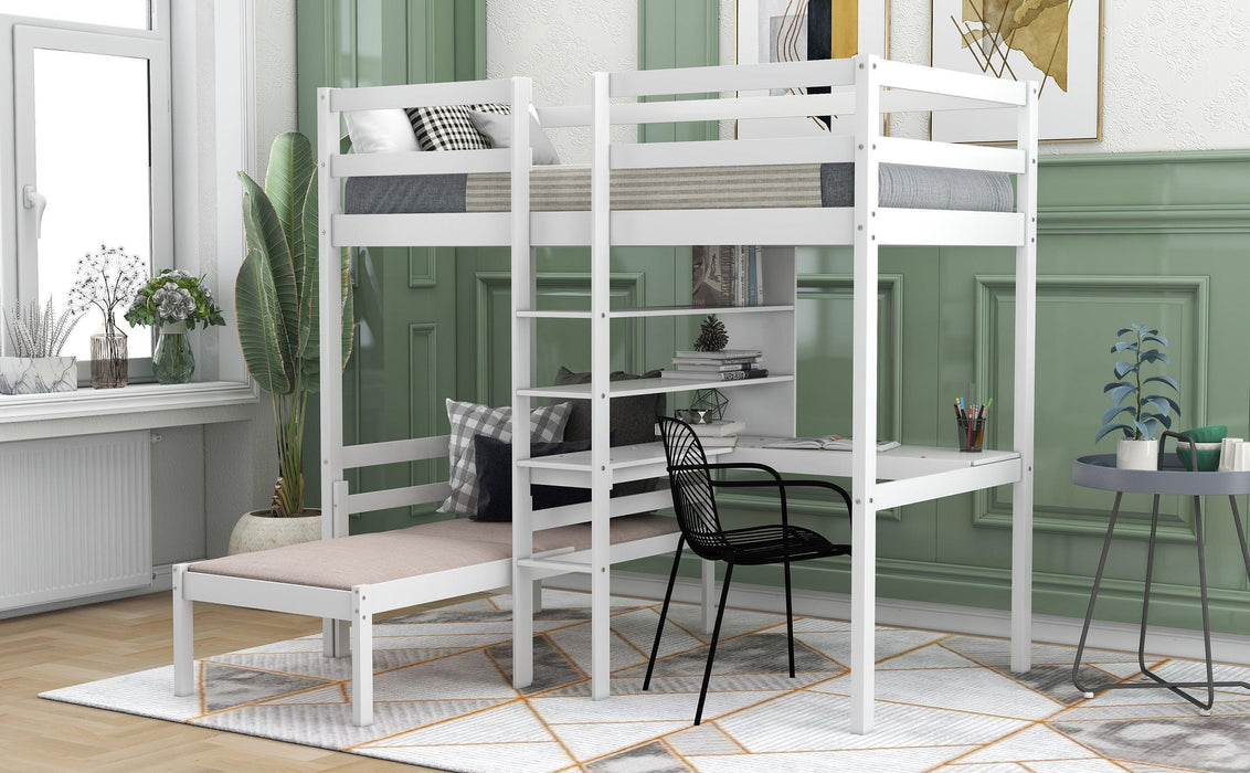 Convertible Loft Bed with L-Shape Desk, Twin Bunk Bed with Shelves and Ladder - White