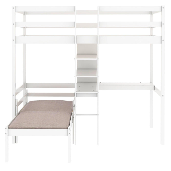 Convertible Loft Bed with L-Shape Desk, Twin Bunk Bed with Shelves and Ladder - White