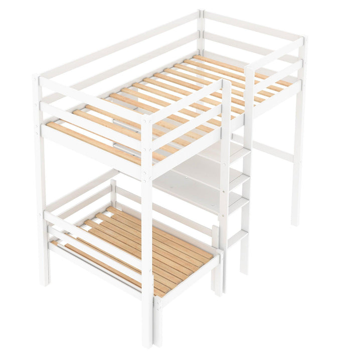 Convertible Loft Bed with L-Shape Desk, Twin Bunk Bed with Shelves and Ladder - White