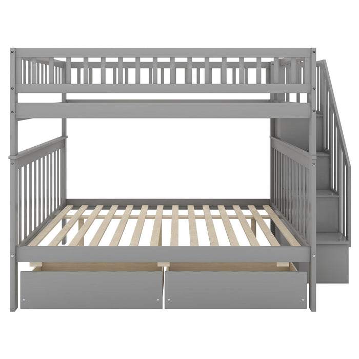 Full over Full Bunk Bed with Two Drawers andStorage Staircase - Gray