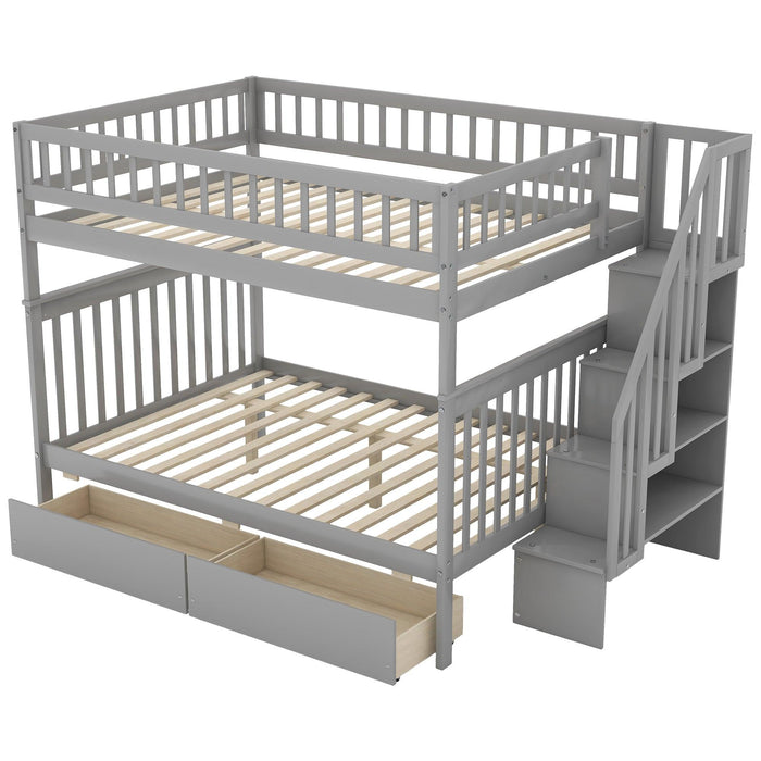 Full over Full Bunk Bed with Two Drawers andStorage Staircase - Gray