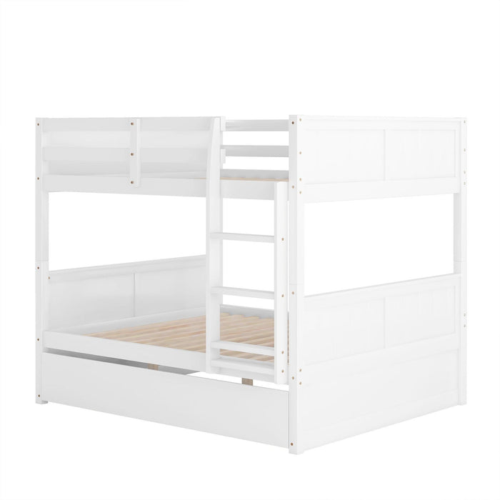 Full Over Full Bunk Bed with Twin Size Trundle, Ladder, Head and Footboard - White