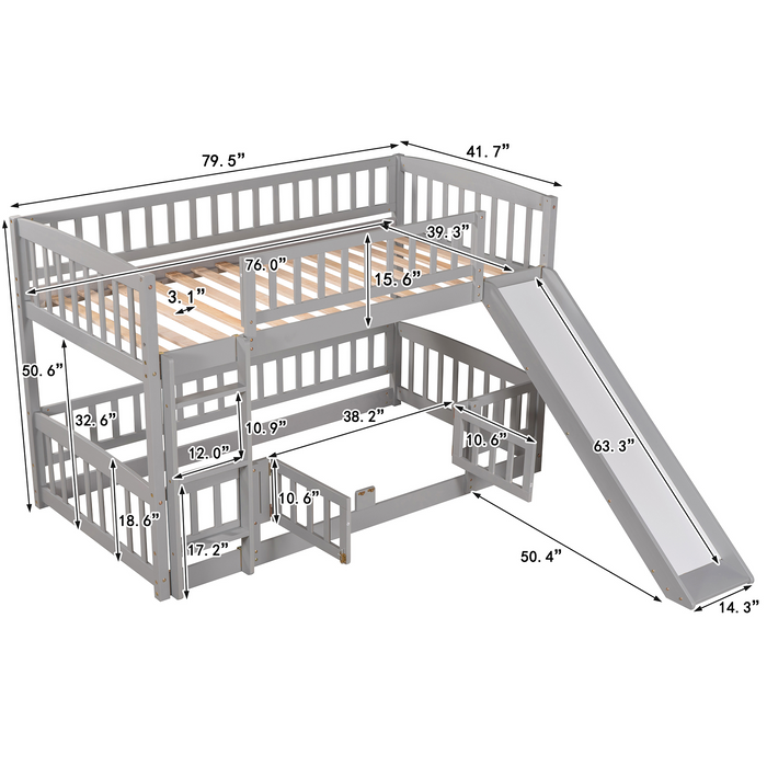 Twin over Twin Low Bunk Bed with Slide, Fence and Ladder - Gray