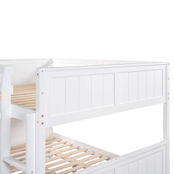 Full Over Full Bunk Bed with Twin Size Trundle, Ladder, Head and Footboard - White