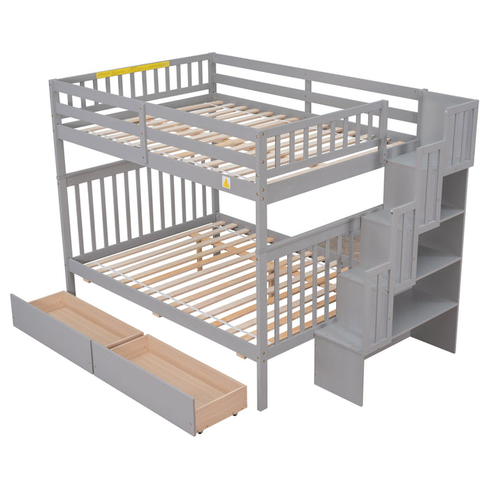 Full Over Full Convertible Bunk Bed with Drawers,Storage Staircase, Head and Footboard - Gray