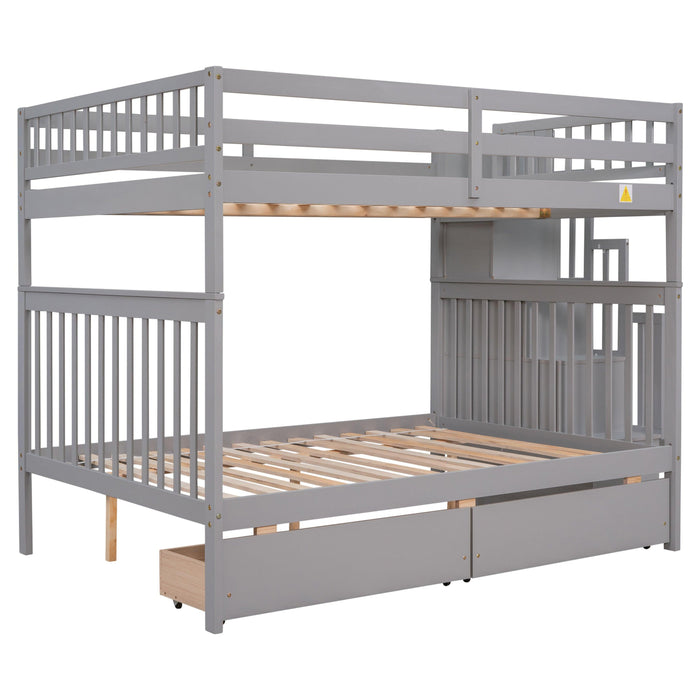 Full Over Full Convertible Bunk Bed with Drawers,Storage Staircase, Head and Footboard - Gray