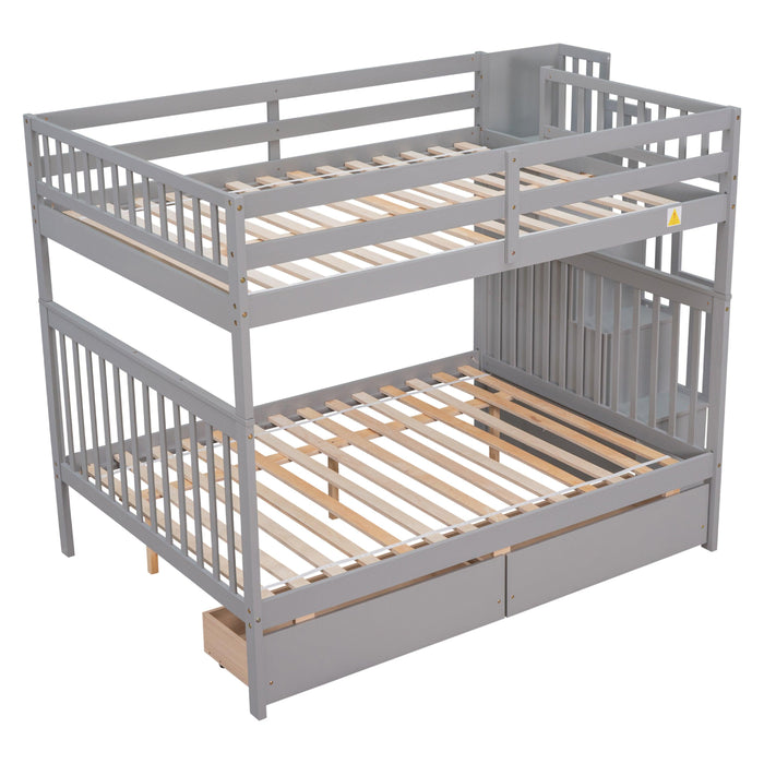 Full Over Full Convertible Bunk Bed with Drawers,Storage Staircase, Head and Footboard - Gray