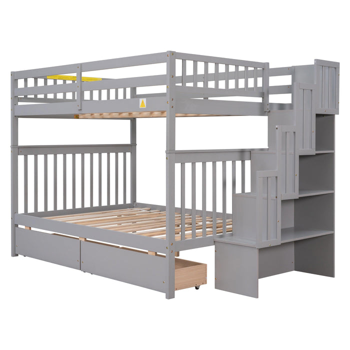 Full Over Full Convertible Bunk Bed with Drawers,Storage Staircase, Head and Footboard - Gray