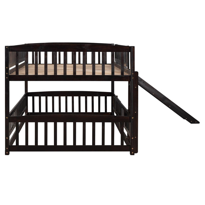 Full over Full Low Bunk Bed with Slide, Fence and Ladder - Espresso