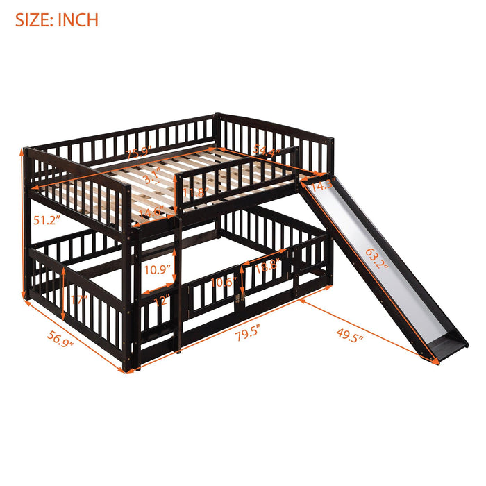 Full over Full Low Bunk Bed with Slide, Fence and Ladder - Espresso