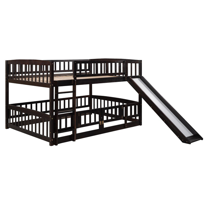 Full over Full Low Bunk Bed with Slide, Fence and Ladder - Espresso