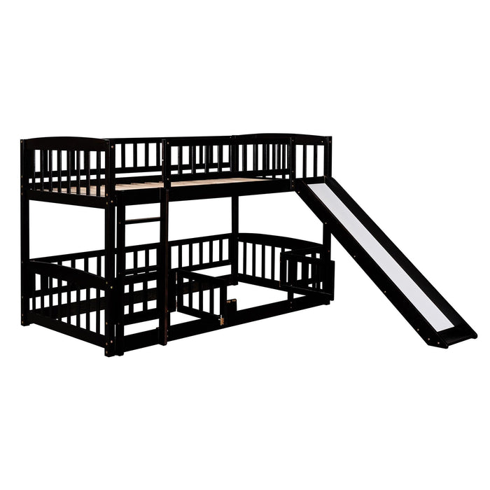 Twin over Twin Low Bunk Bed with Slide, Fence and Ladder - Espresso