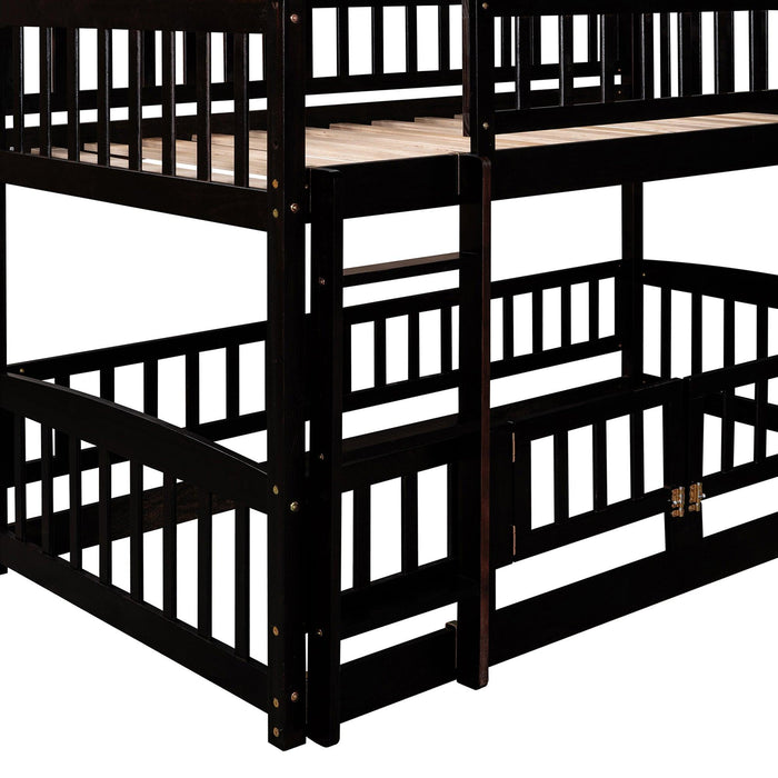 Twin over Twin Low Bunk Bed with Slide, Fence and Ladder - Espresso