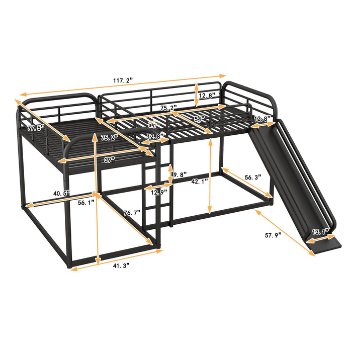 Full and Twin Size Low L-Shaped Bunk Bed with Slide and Ladder - Black