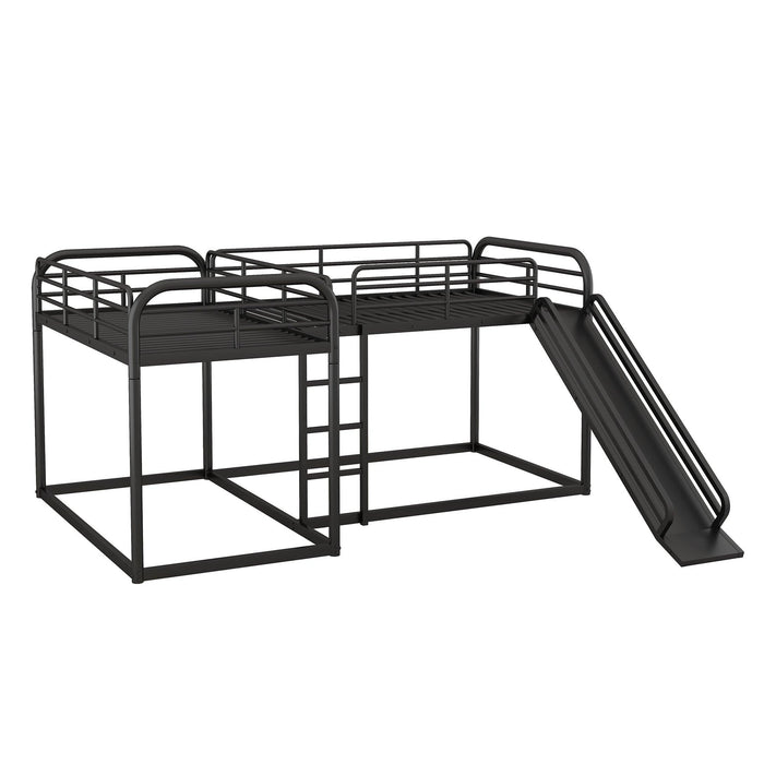 Full and Twin Size Low L-Shaped Bunk Bed with Slide and Ladder - Black