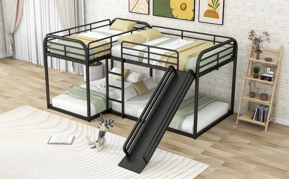 Full and Twin Size Low L-Shaped Bunk Bed with Slide and Ladder - Black