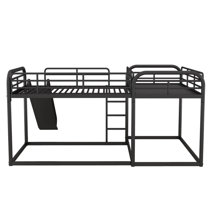 Full and Twin Size Low L-Shaped Bunk Bed with Slide and Ladder - Black