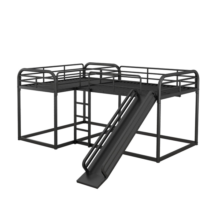 Full and Twin Size Low L-Shaped Bunk Bed with Slide and Ladder - Black