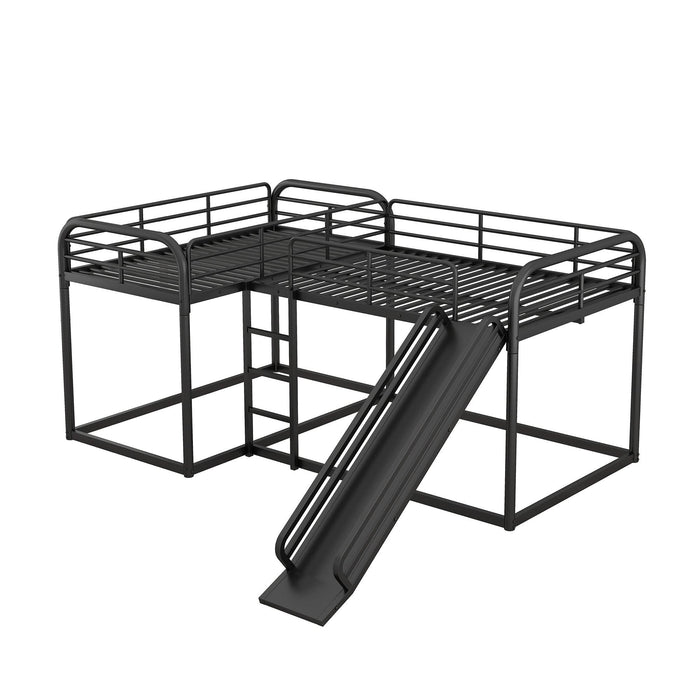 Full and Twin Size Low L-Shaped Bunk Bed with Slide and Ladder - Black