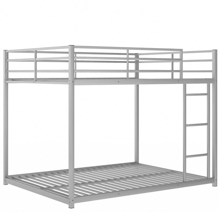 Full over Full Low Metal Bunk Bed with Ladder and Guardrail - Silver