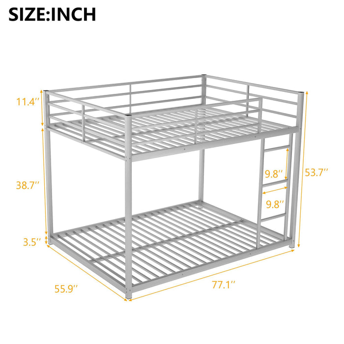 Full over Full Low Metal Bunk Bed with Ladder and Guardrail - Silver