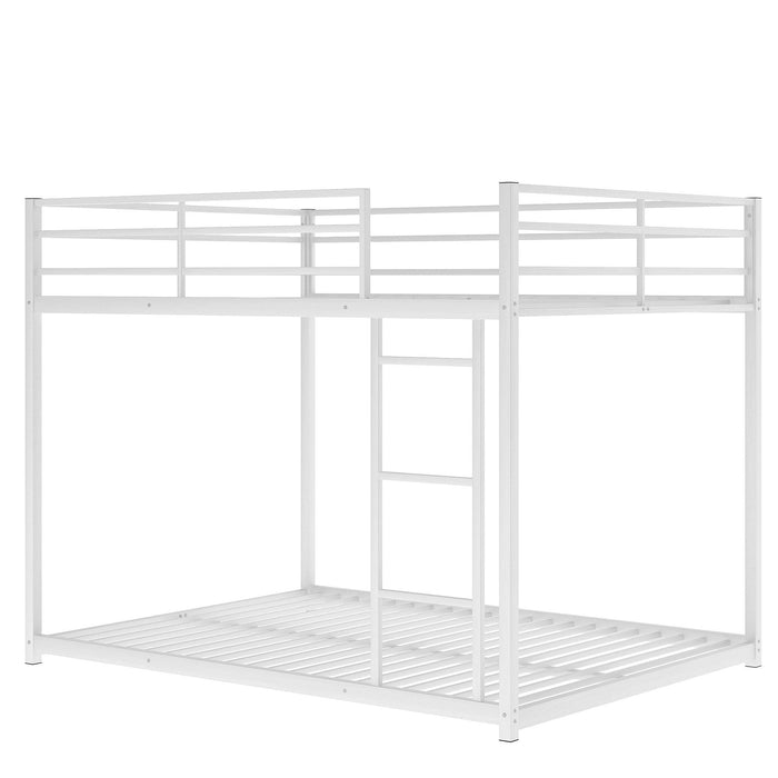 Full over Full Low Metal Bunk Bed with Ladder and Guardrail - White