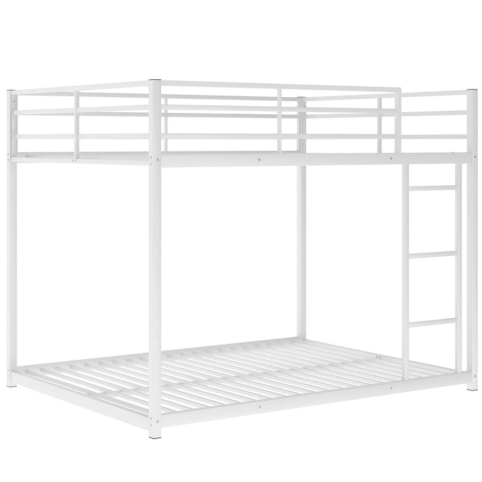 Full over Full Low Metal Bunk Bed with Ladder and Guardrail - White