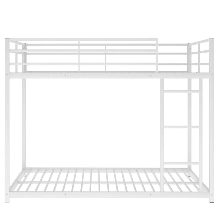 Full over Full Low Metal Bunk Bed with Ladder and Guardrail - White