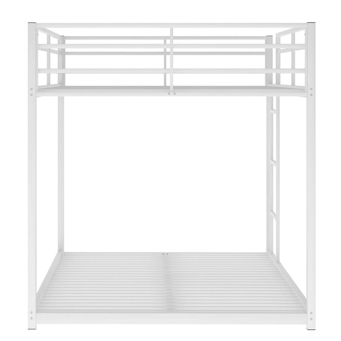 Full over Full Low Metal Bunk Bed with Ladder and Guardrail - White