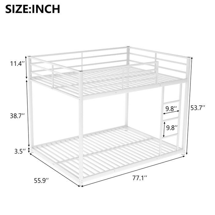 Full over Full Low Metal Bunk Bed with Ladder and Guardrail - White