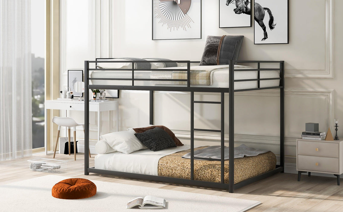 Full over Full Low Metal Bunk Bed with Ladder and Guardrail - Black