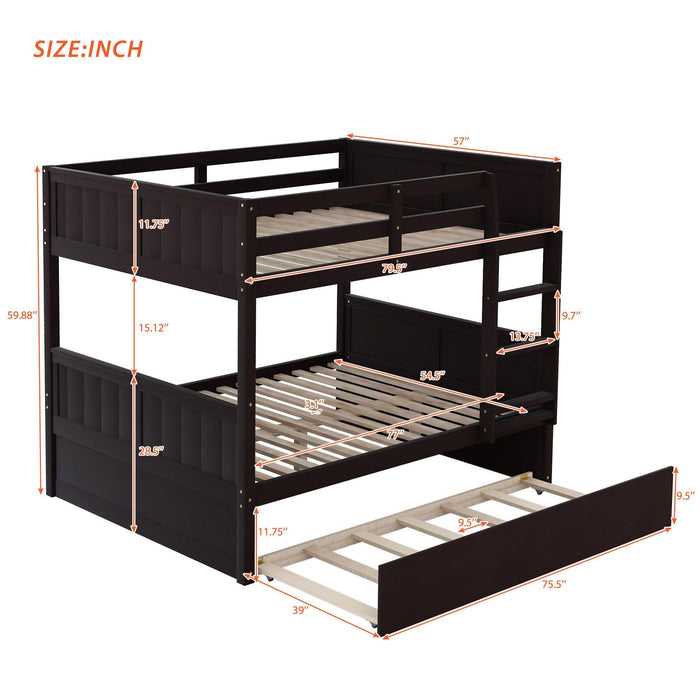 Full Over Full Bunk Bed with Twin Size Trundle, Ladder, Head and Footboard - Espresso