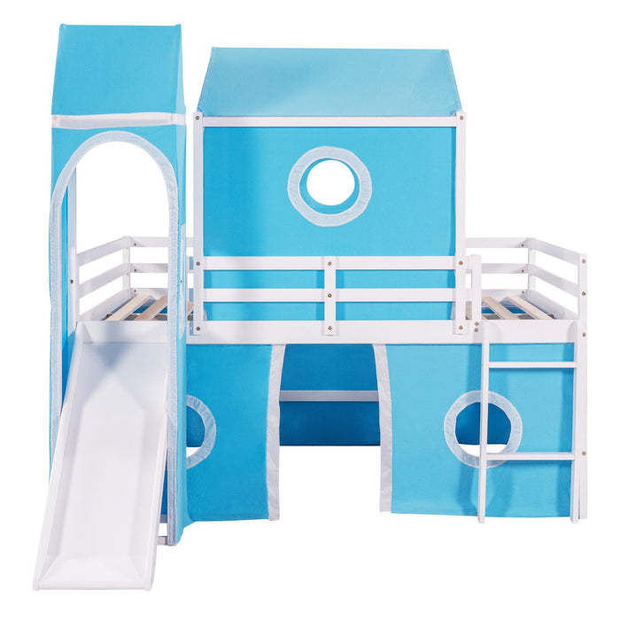 Full over Full House Shaped Bunk Bed with Slide Tent and Tower - Blue