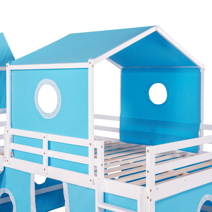 Full over Full House Shaped Bunk Bed with Slide Tent and Tower - Blue