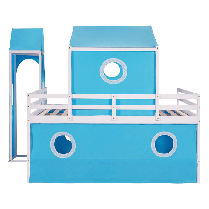 Full over Full House Shaped Bunk Bed with Slide Tent and Tower - Blue