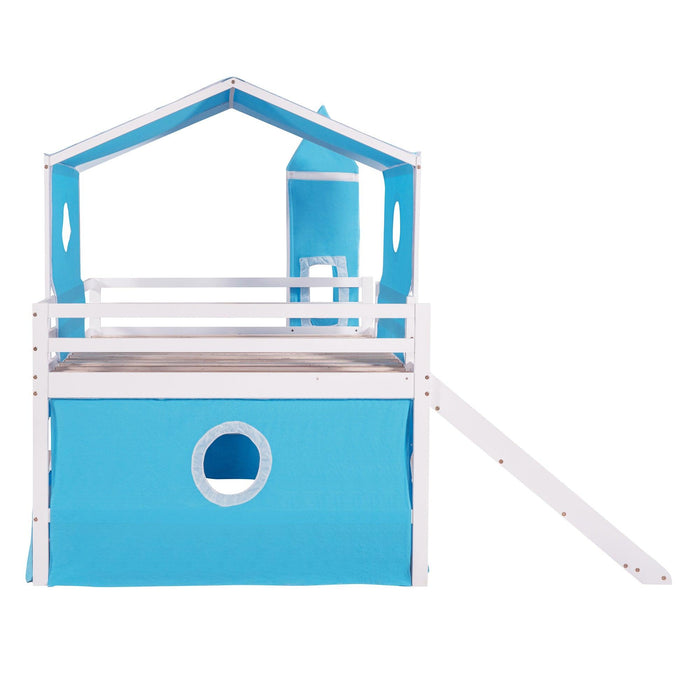 Full over Full House Shaped Bunk Bed with Slide Tent and Tower - Blue