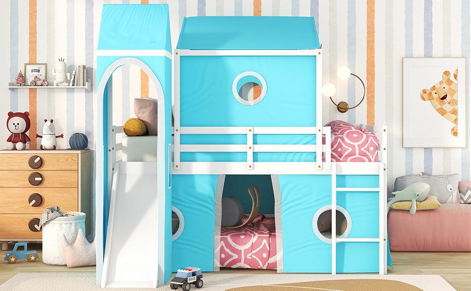 Full over Full House Shaped Bunk Bed with Slide Tent and Tower - Blue