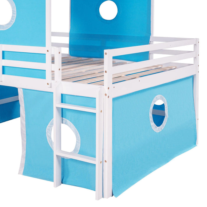 Full over Full House Shaped Bunk Bed with Slide Tent and Tower - Blue