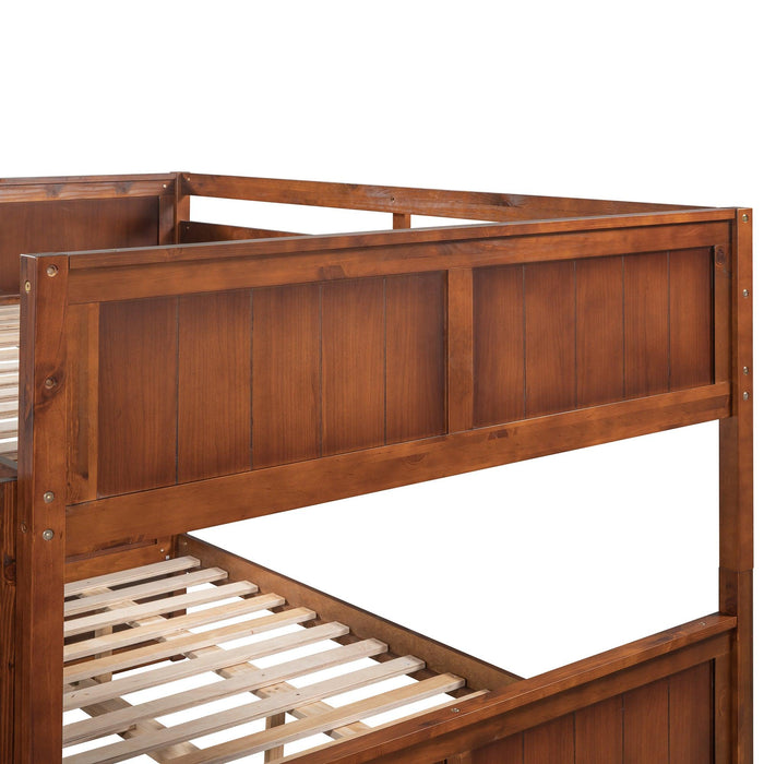 Full Over Full Bunk Bed with Twin Size Trundle, Ladder, Head and Footboard - Walnut