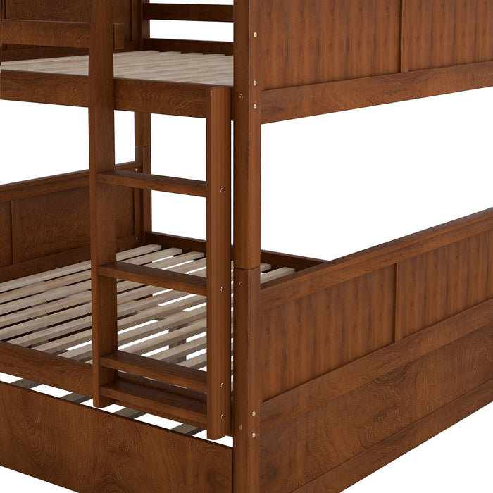 Full Over Full Bunk Bed with Twin Size Trundle, Ladder, Head and Footboard - Walnut