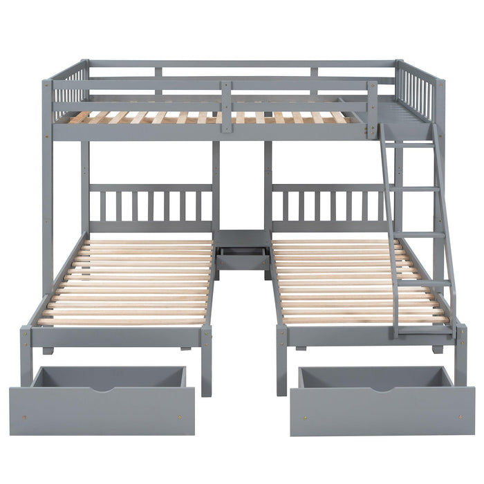 Full Over Twin and  Twin Bunk Bed with Drawers and Guardrails - Gray