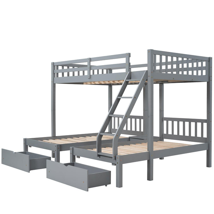 Full Over Twin and  Twin Bunk Bed with Drawers and Guardrails - Gray