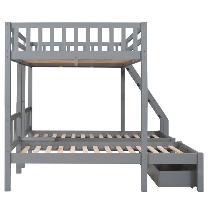 Full Over Twin and  Twin Bunk Bed with Drawers and Guardrails - Gray