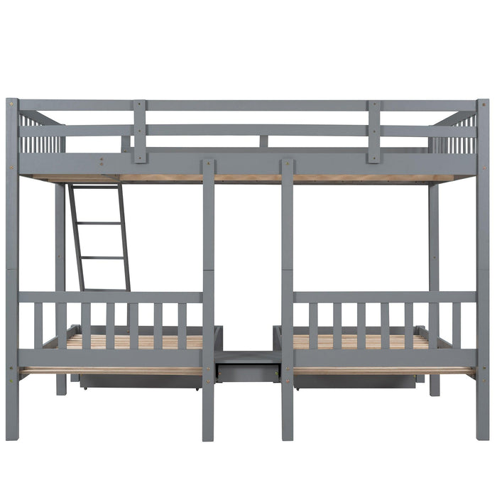 Full Over Twin and  Twin Bunk Bed with Drawers and Guardrails - Gray