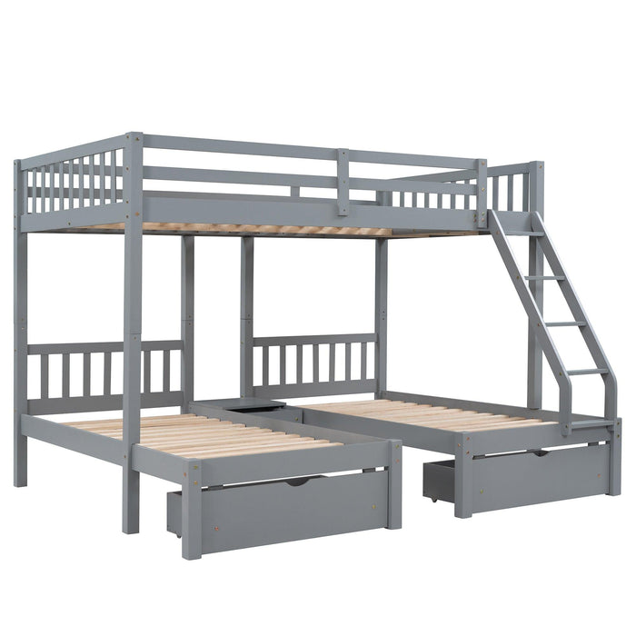 Full Over Twin and  Twin Bunk Bed with Drawers and Guardrails - Gray